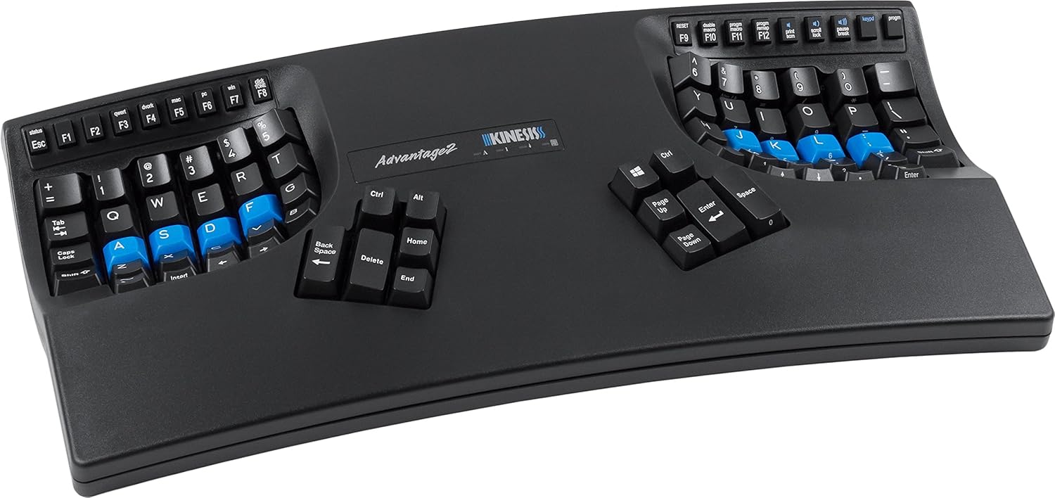 Picture of a Kinesis Advantage, a keyboard with thumb clusters and two separated bowls of matrix-style keys.