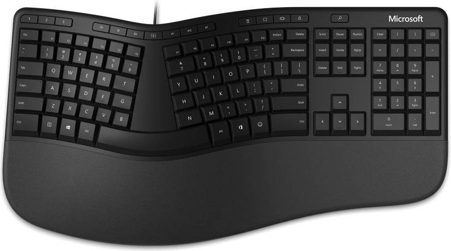 Picture of a Microsoft Ergonomic, an Alice-style keyboard with slight built-in tenting.